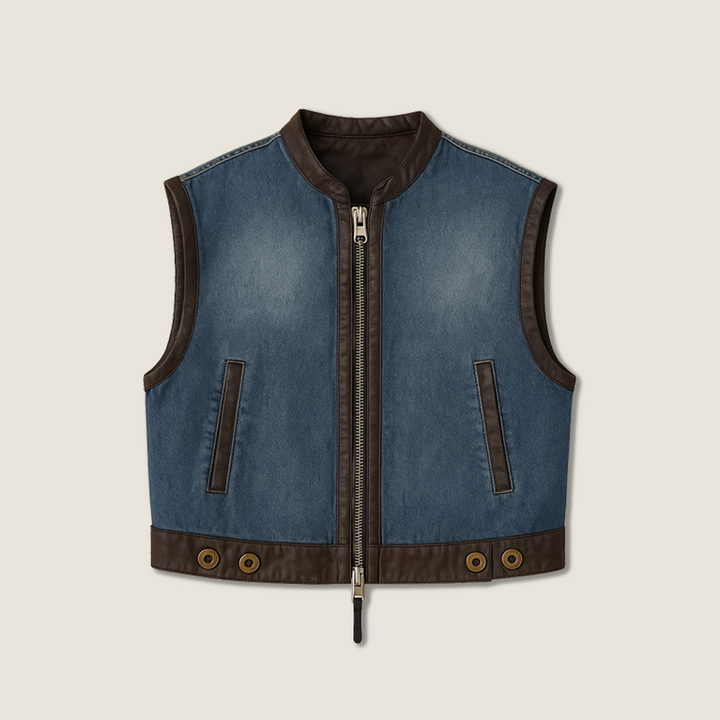 Women's Blue Denim Zip-Up Vest with Vegan Leather Trim A10247