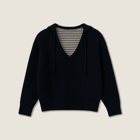 Women's Hooded Cable Knit Fake Two-Piece Striped Inner Layer Pullover A10212