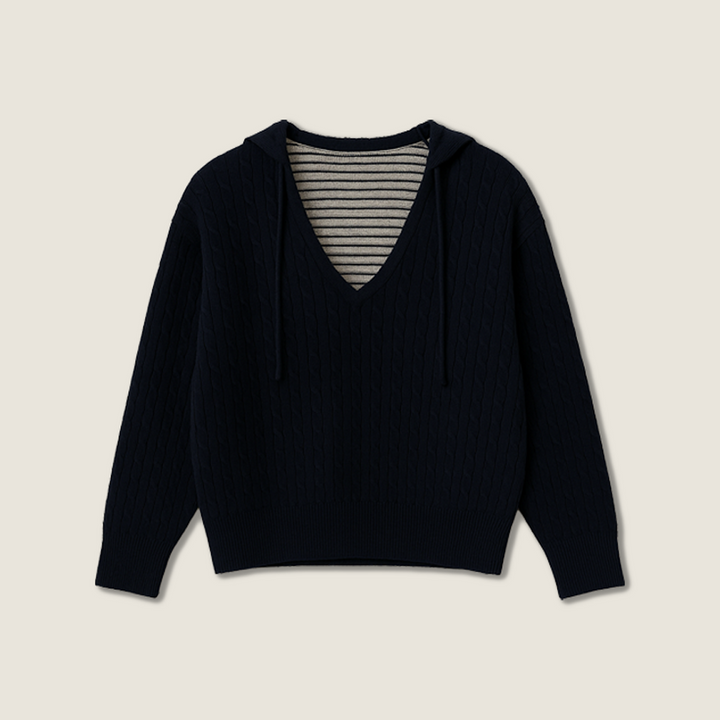 Women's Hooded Cable Knit Fake Two-Piece Striped Inner Layer Pullover A10212