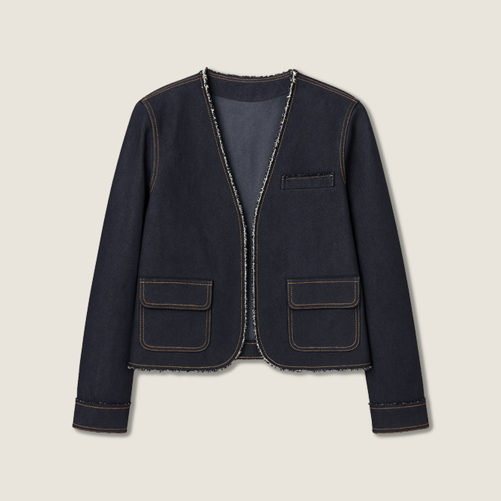 Women's Vintage Chic V-Neck Cropped Jean Blazer with Frayed Edges A10266