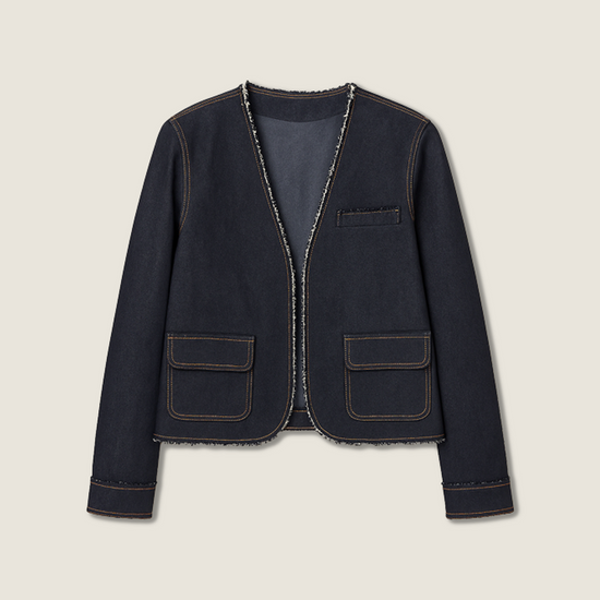 Women's Vintage Chic V-Neck Cropped Jean Blazer with Frayed Edges A10266