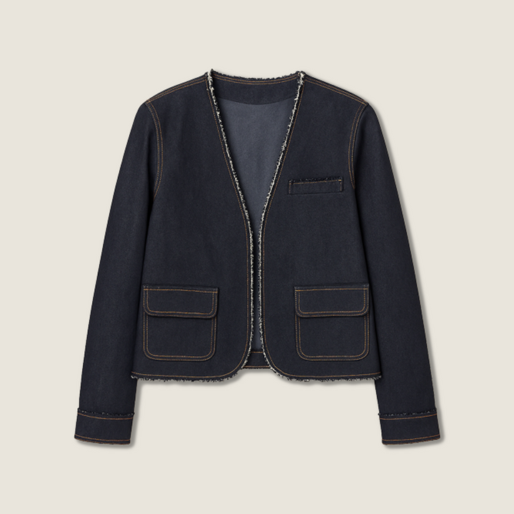 Women's Vintage Chic V-Neck Cropped Jean Blazer with Frayed Edges A10266