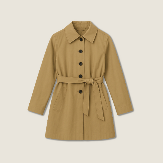 Women's Belted Trench Coat-Trendy Single-Breasted Lapel Mid Length Outerwear A10165