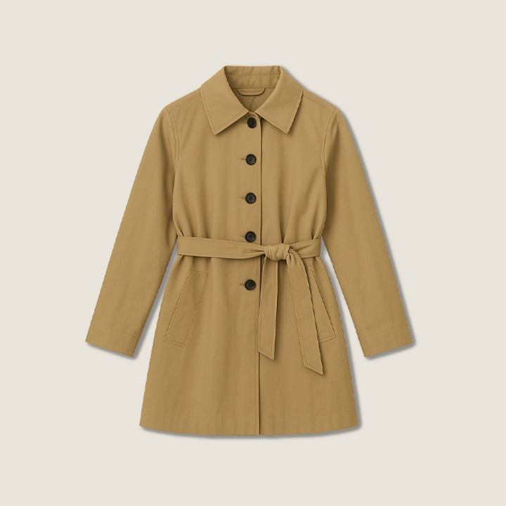 Women's Belted Trench Coat-Trendy Single-Breasted Lapel Mid Length Outerwear A10165
