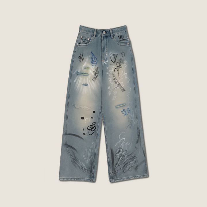 Women's Graffiti Print High-Waisted Wide-Leg Jeans A10154