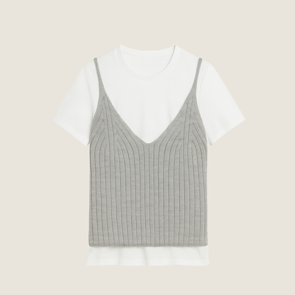Women's Ribbed Cami Layered with White Short-Sleeve Top Trendy Casual Two-in-One Shirt A10066