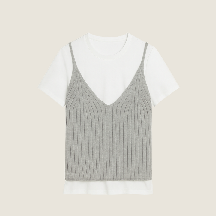 Women's Ribbed Cami Layered with White Short-Sleeve Top Trendy Casual Two-in-One Shirt A10066
