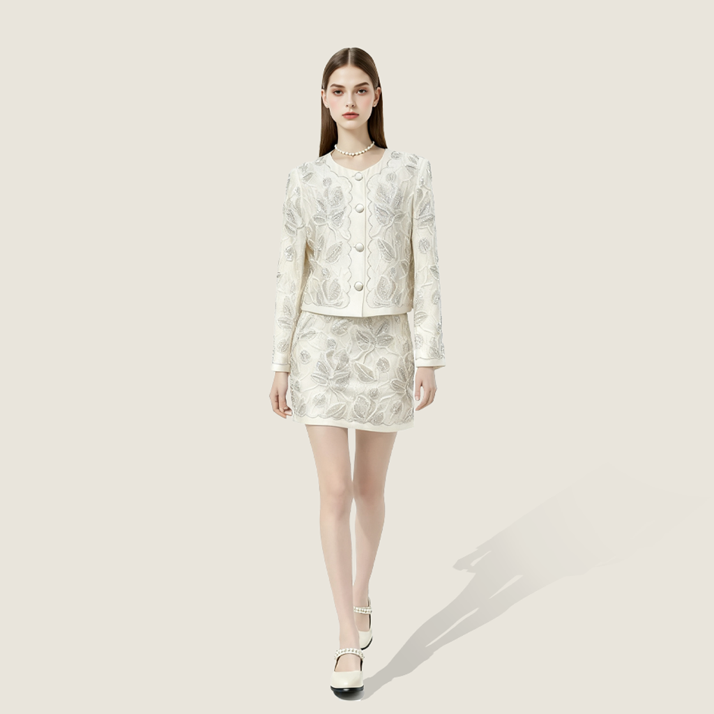 Floral Embroidery Jacket and Matching Skirt - M31N