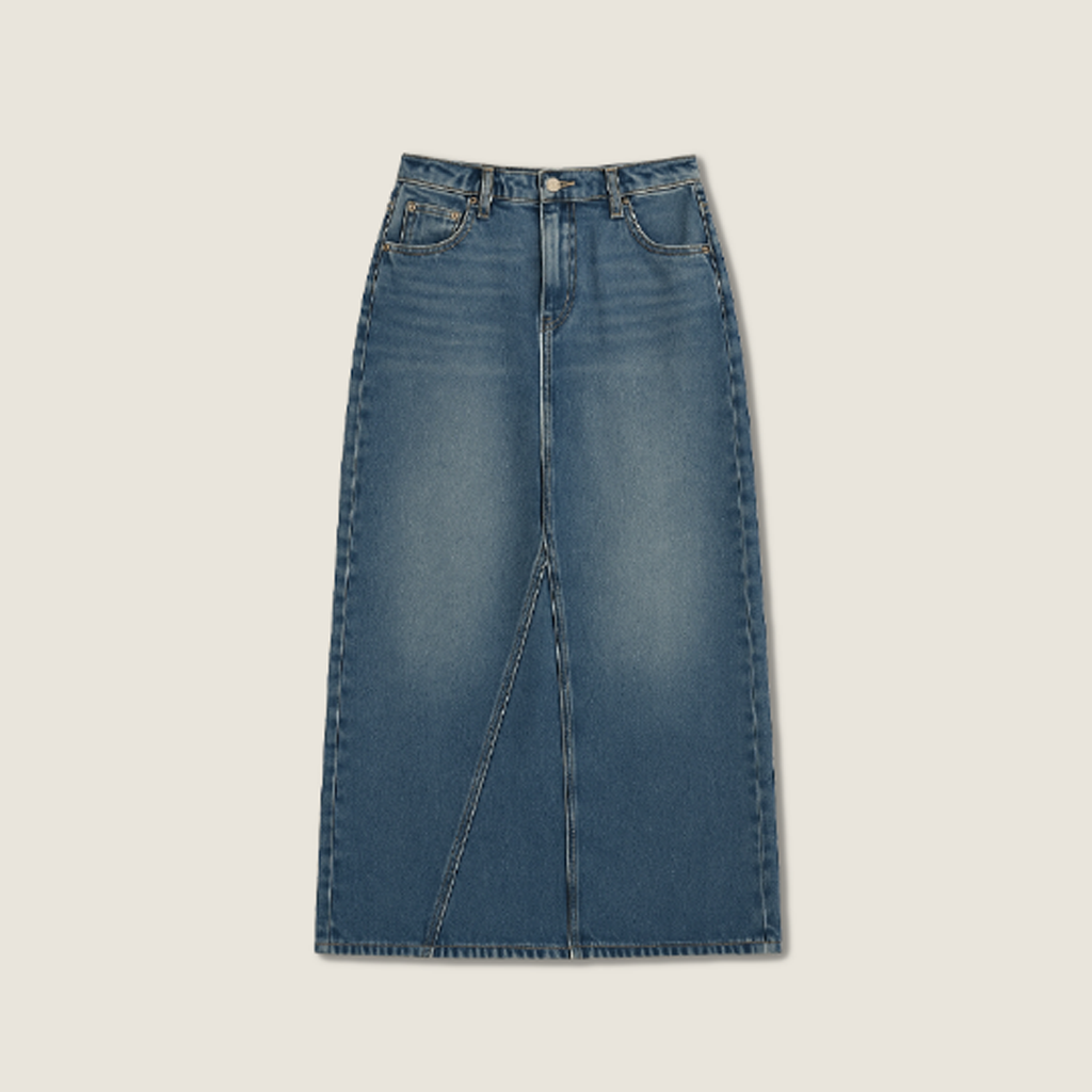 Women's Vintage Wash High-Waisted Denim Maxi Skirt with Side Slit A10259