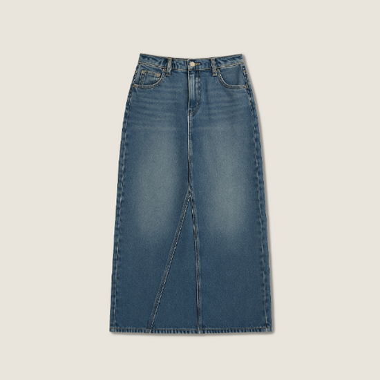 Women's Vintage Wash High-Waisted Denim Maxi Skirt with Side Slit A10259