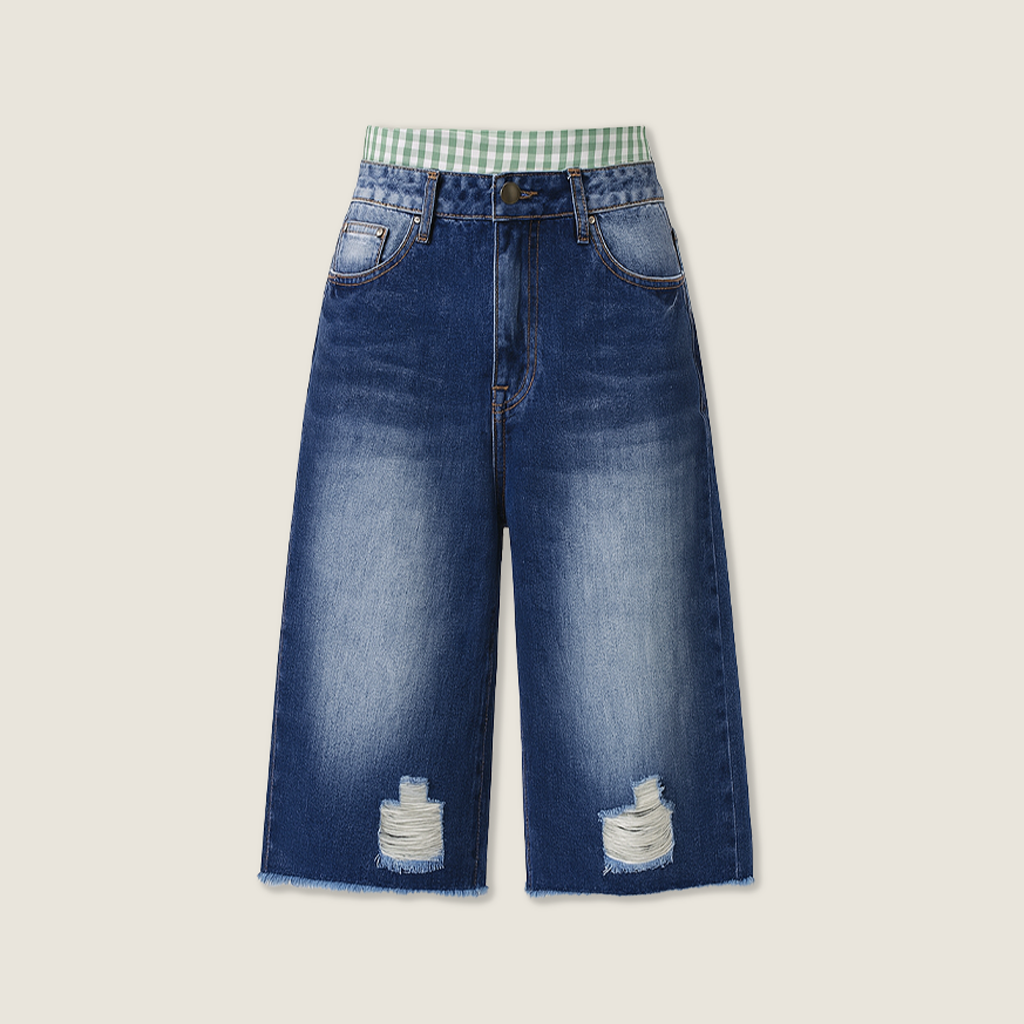 Women's Washed Cropped Pants with Plaid Patchwork Waist Casual Edgy Style A10167