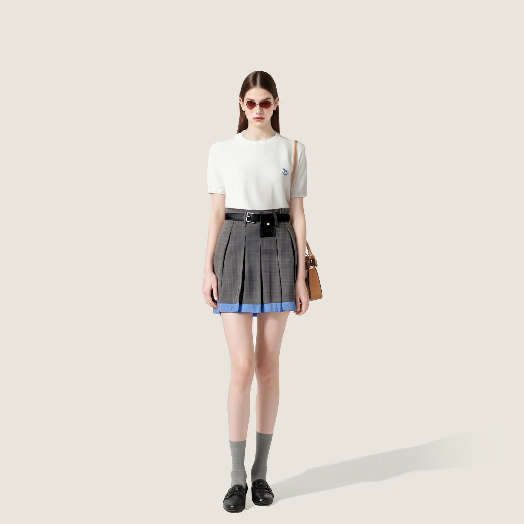Women's Trendy Contrast Trim Preppy Style Plaid Pleated Mini Skirt with Belt A10200