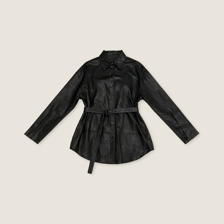 Belted Vegan Leather Shirt Jacket A10415