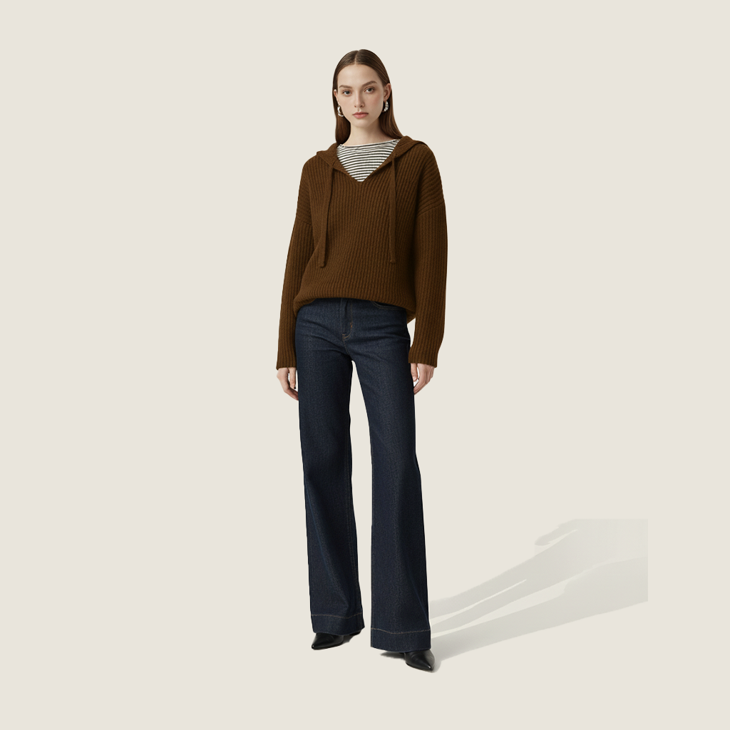 Women's Hooded Cable Knit Fake Two-Piece Striped Inner Layer Pullover A10212