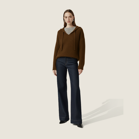 Women's Hooded Cable Knit Fake Two-Piece Striped Inner Layer Pullover A10212