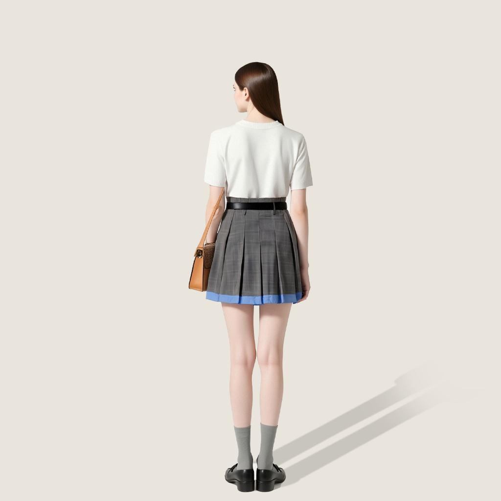Women's Trendy Contrast Trim Preppy Style Plaid Pleated Mini Skirt with Belt A10200
