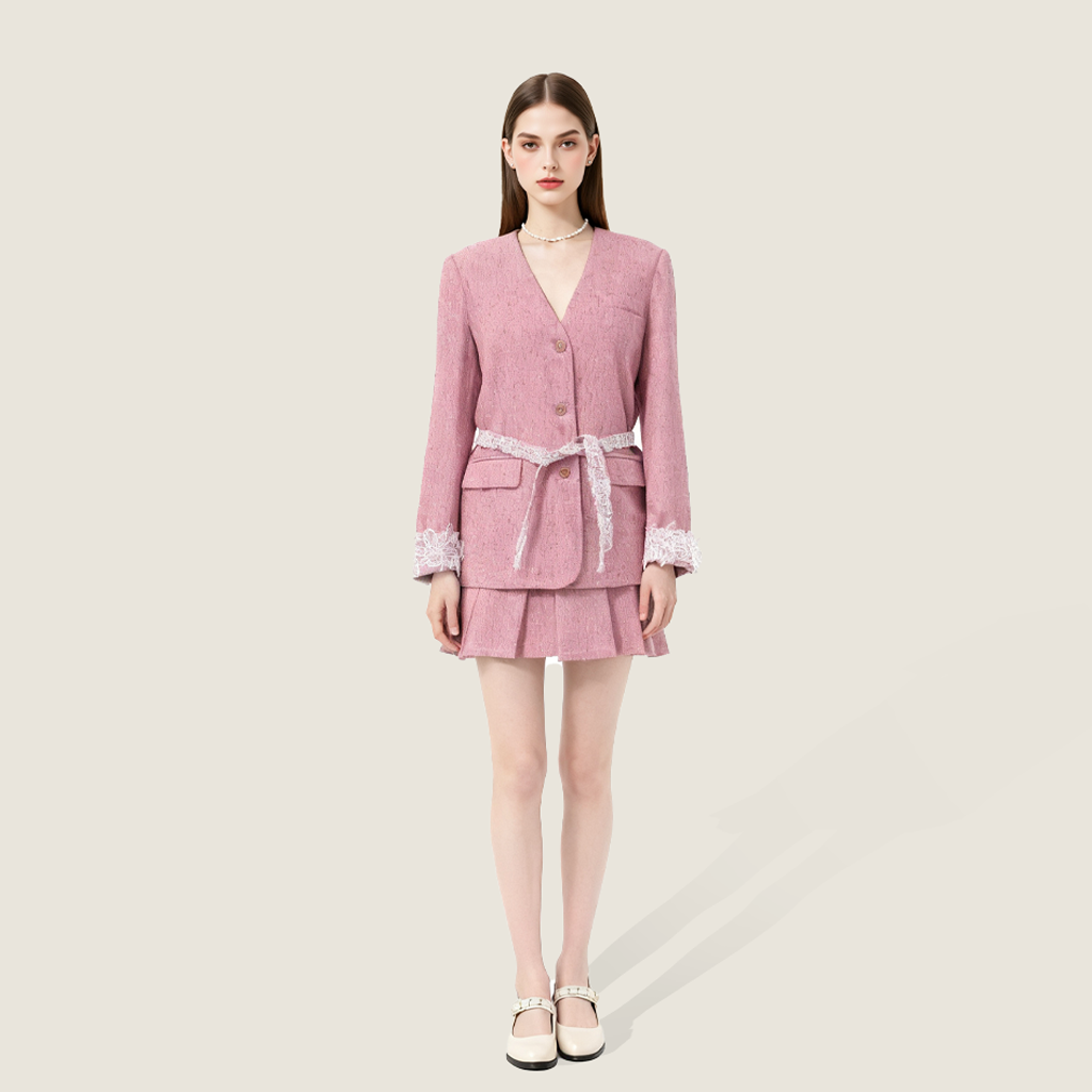 Tweed Jacket with Lace Trim and Mini Skirt - M31N