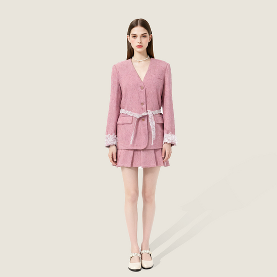 Tweed Jacket with Lace Trim and Mini Skirt - M31N