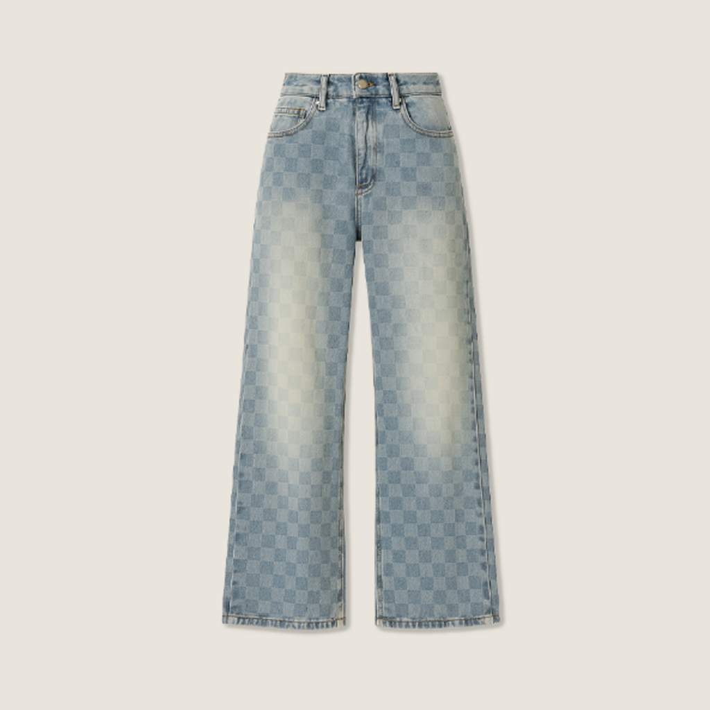 Women's Trendy Gradient Plaid Design High-Waisted Wide-Leg Jeans A10096