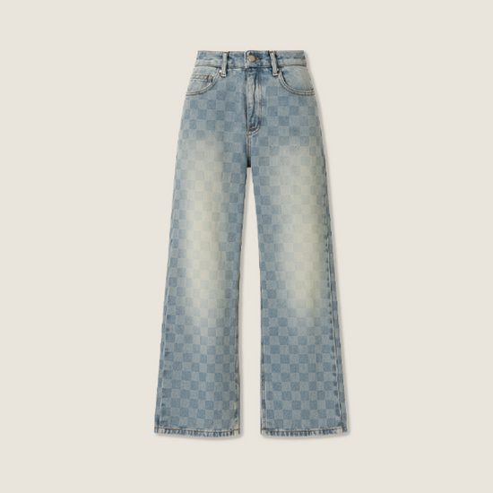Women's Trendy Gradient Plaid Design High-Waisted Wide-Leg Jeans A10096