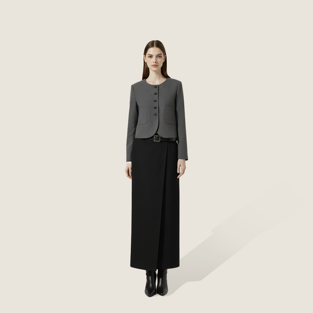 Women's Plain Button-Front Collarless Cropped Blazer with Pockets A10270