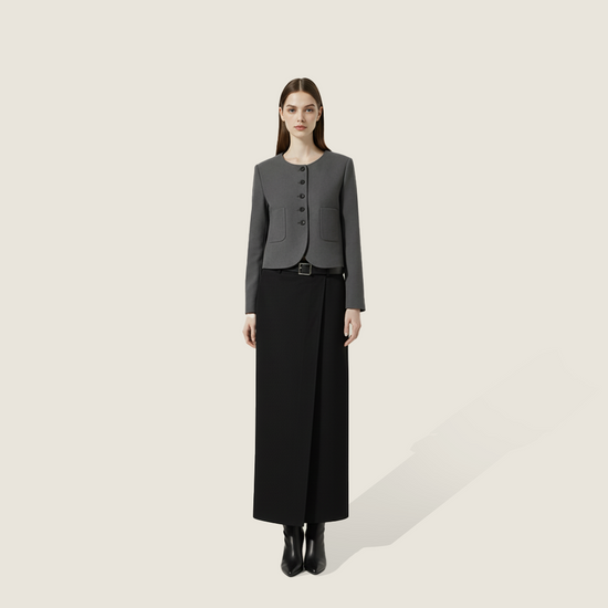 Women's Plain Button-Front Collarless Cropped Blazer with Pockets A10270