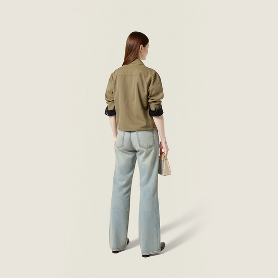 Women's Khaki Zip-Up Jacket with Contrast Cuffs and Drawstring Hem A10272
