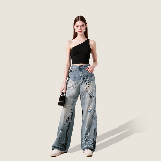 Women's Graffiti Print High-Waisted Wide-Leg Jeans A10154