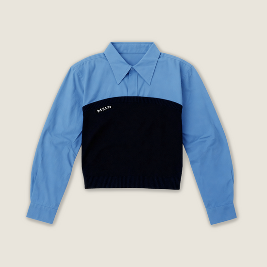 Women's Layered Look Shirt-Contrast Color Knit Panel with Collared Long Sleeve Top A10201