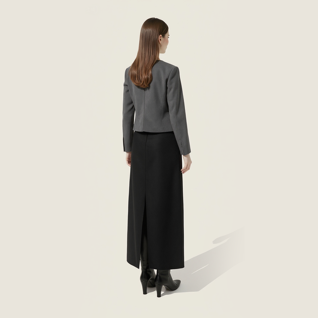 Women's Plain Button-Front Collarless Cropped Blazer with Pockets A10270