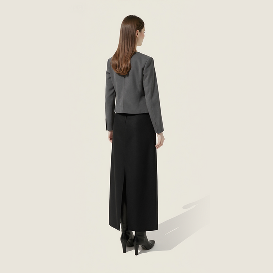 Women's Plain Button-Front Collarless Cropped Blazer with Pockets A10270