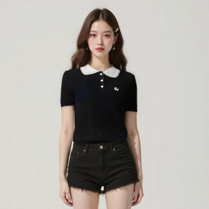 [M31N] Polo shirt, soft fabric, dark gray and white, soft fabric, cute, for women 10049