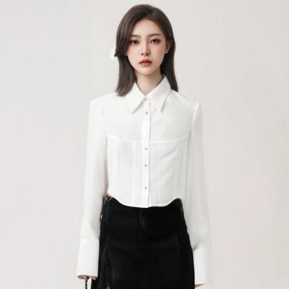 [M31N] White long-sleeved shirt with petals, simple and elegant for women 10011 workwear