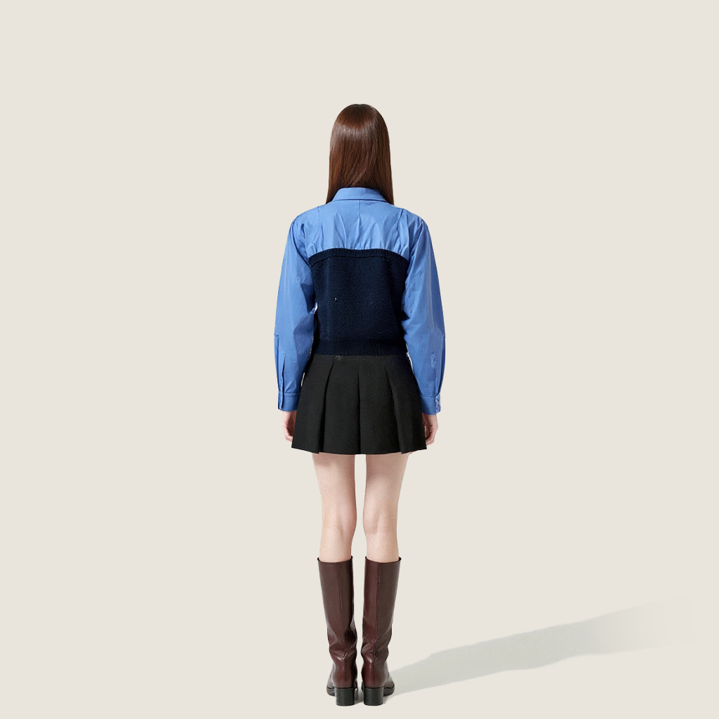 Women's Layered Look Shirt-Contrast Color Knit Panel with Collared Long Sleeve Top A10201