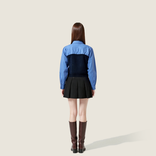 Women's Layered Look Shirt-Contrast Color Knit Panel with Collared Long Sleeve Top A10201