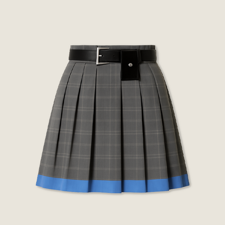 Women's Trendy Contrast Trim Preppy Style Plaid Pleated Mini Skirt with Belt A10200