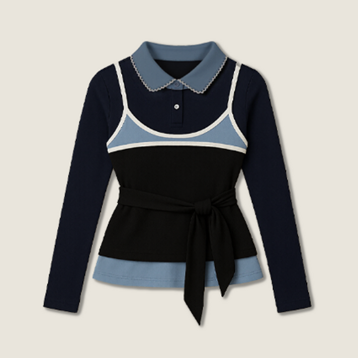 Women's Collared Long Sleeve Tie Waist T-Shirt Bikini Cover Up Layered Look A10180