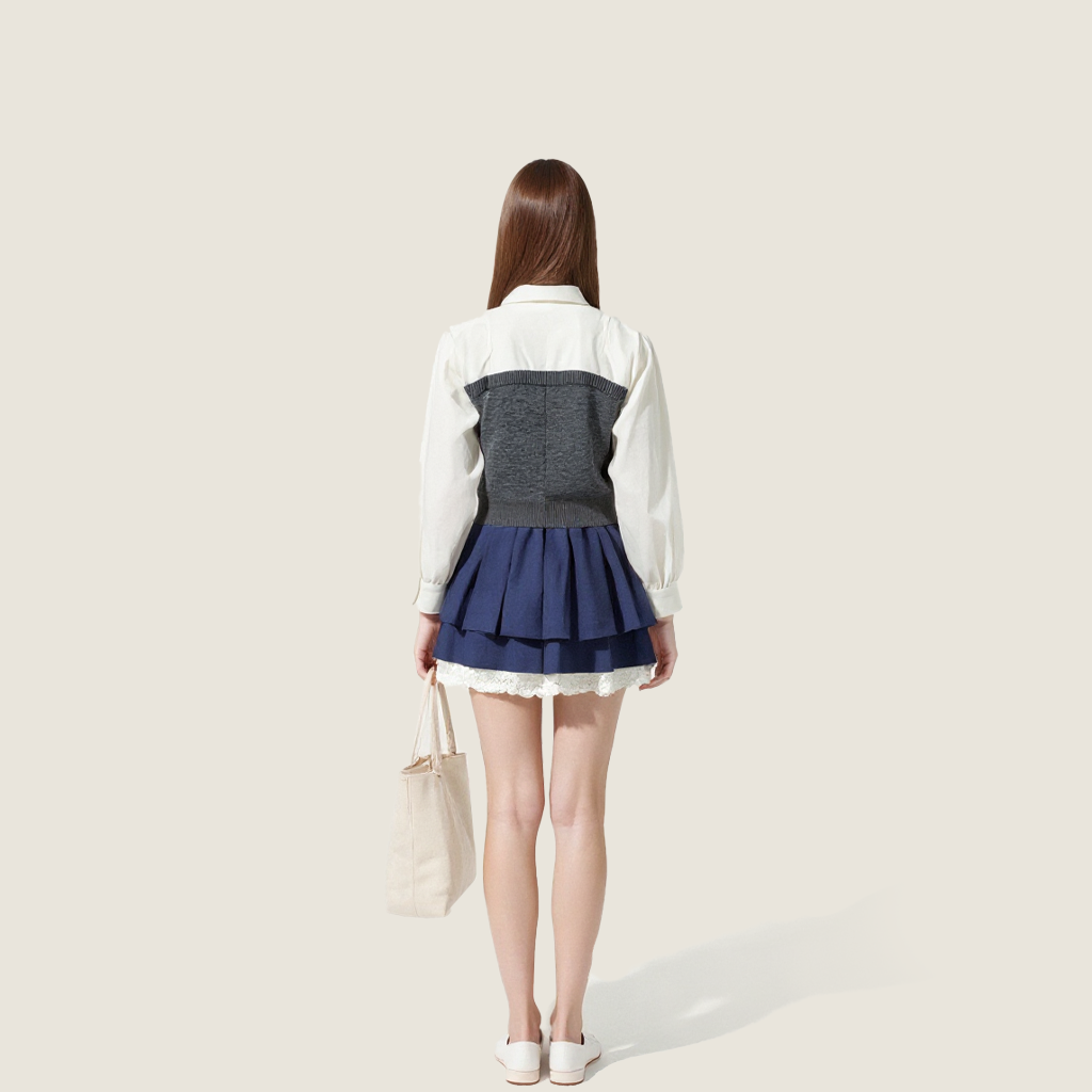 Women's Layered Look Shirt-Contrast Color Knit Panel with Collared Long Sleeve Top A10201