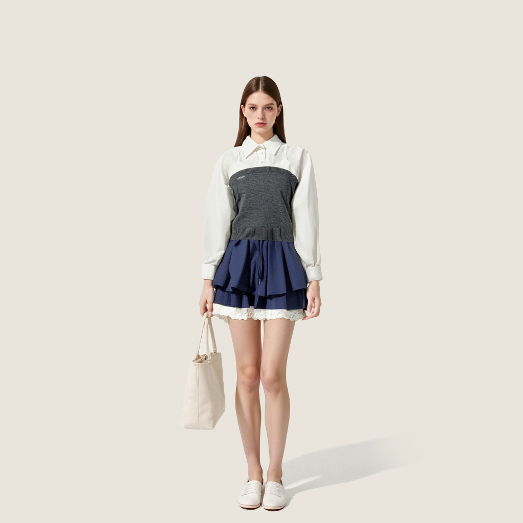 Women's Layered Look Shirt-Contrast Color Knit Panel with Collared Long Sleeve Top A10201