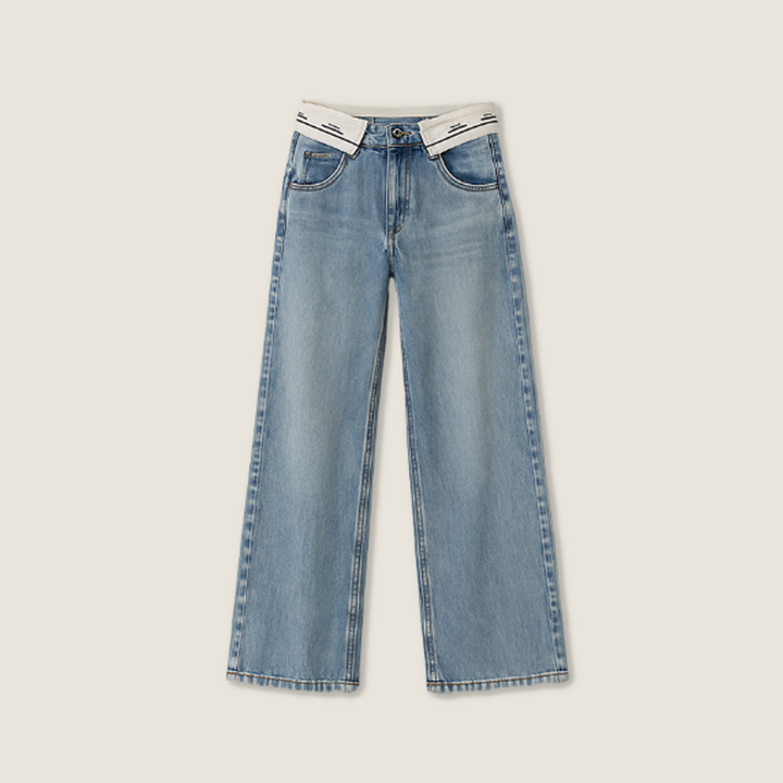 Women's Light Wash Denim Pants with Soft White Elastic Trim A10014