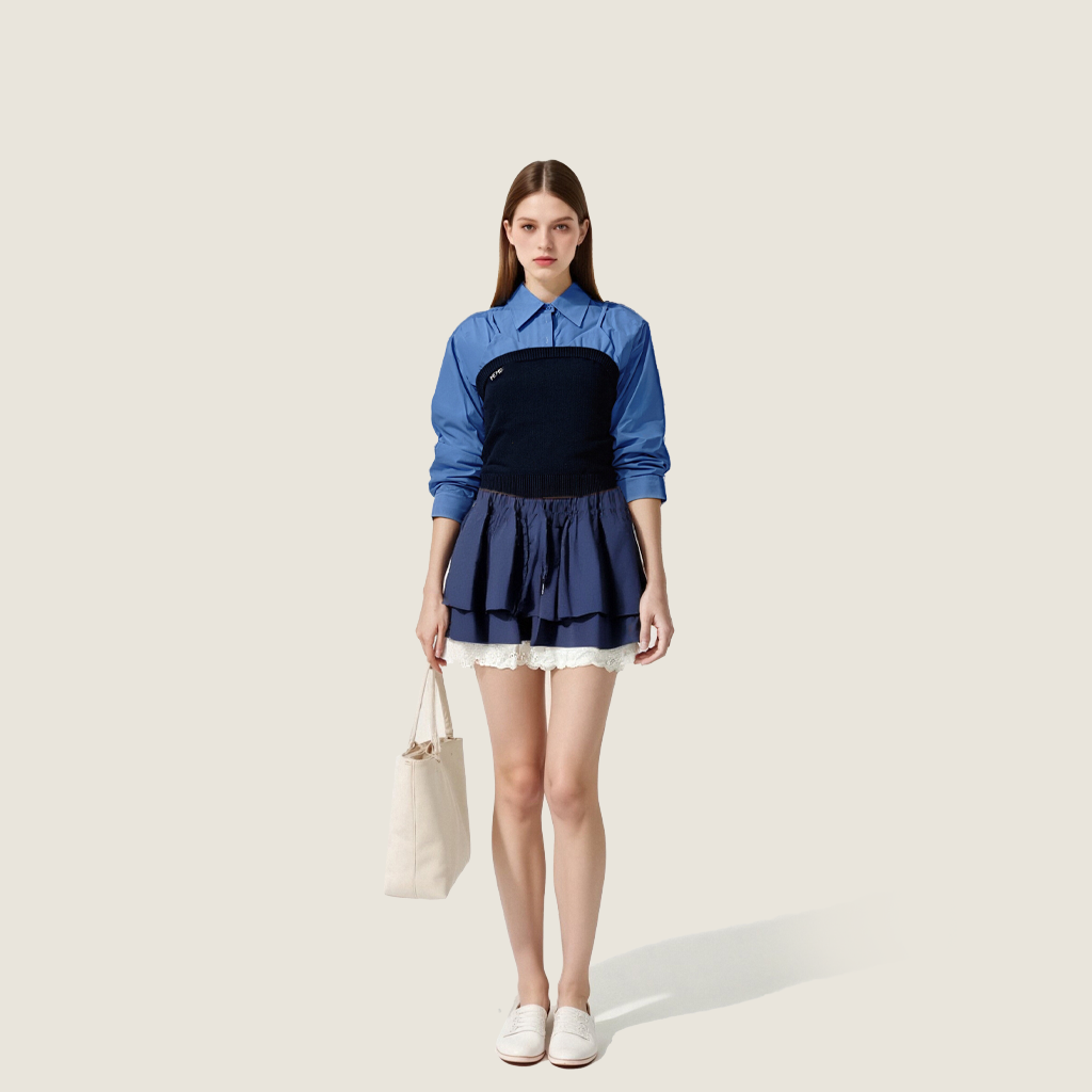 Women's Layered Look Shirt-Contrast Color Knit Panel with Collared Long Sleeve Top A10201