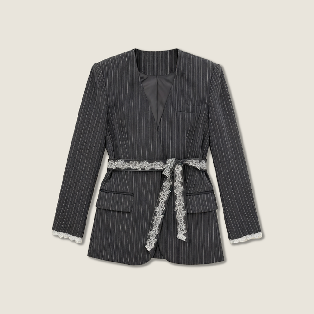 Pinstripe Jacket with Lace Belt and Wide-Leg Trousers A10407