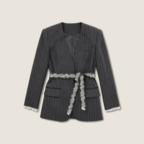 Pinstripe Jacket with Lace Belt and Wide-Leg Trousers A10407