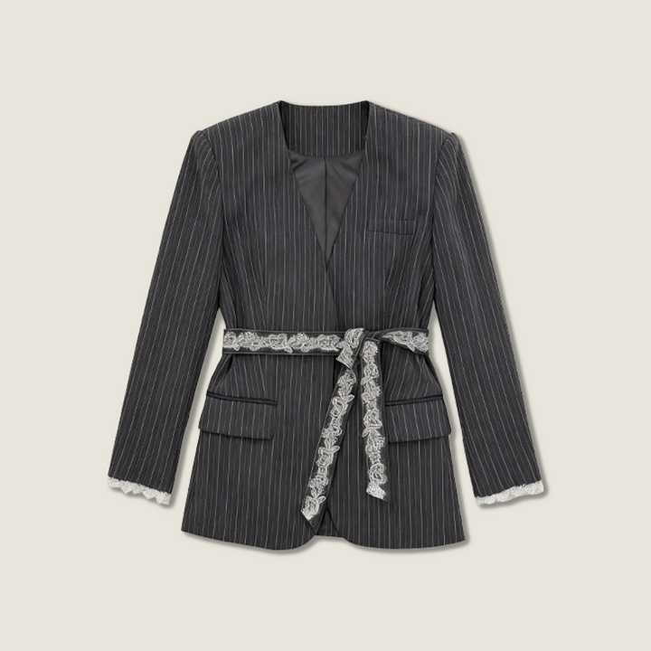 Pinstripe Jacket with Lace Belt and Wide-Leg Trousers A10407