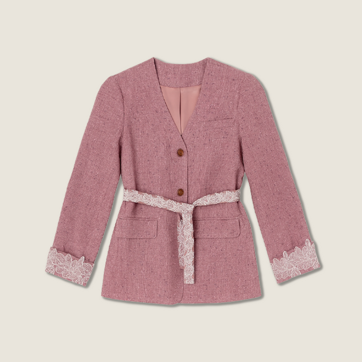 Pink Tweed Jacket with Lace Trim and Mini Skirt A10409