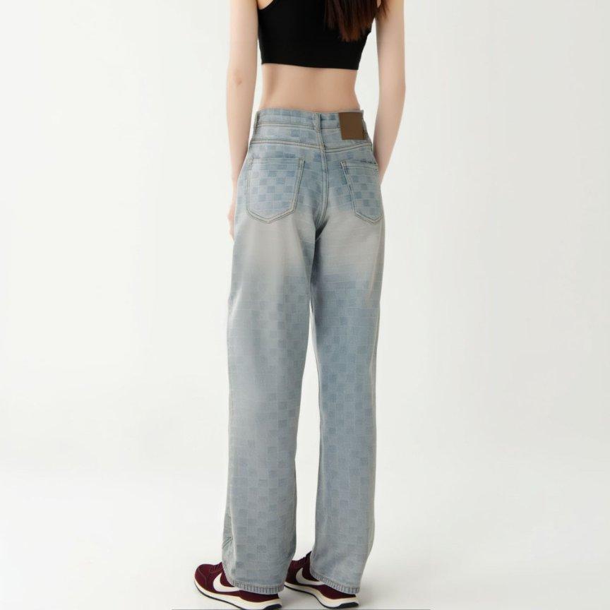 Women's Trendy Gradient Plaid Design High-Waisted Wide-Leg Jeans A10096