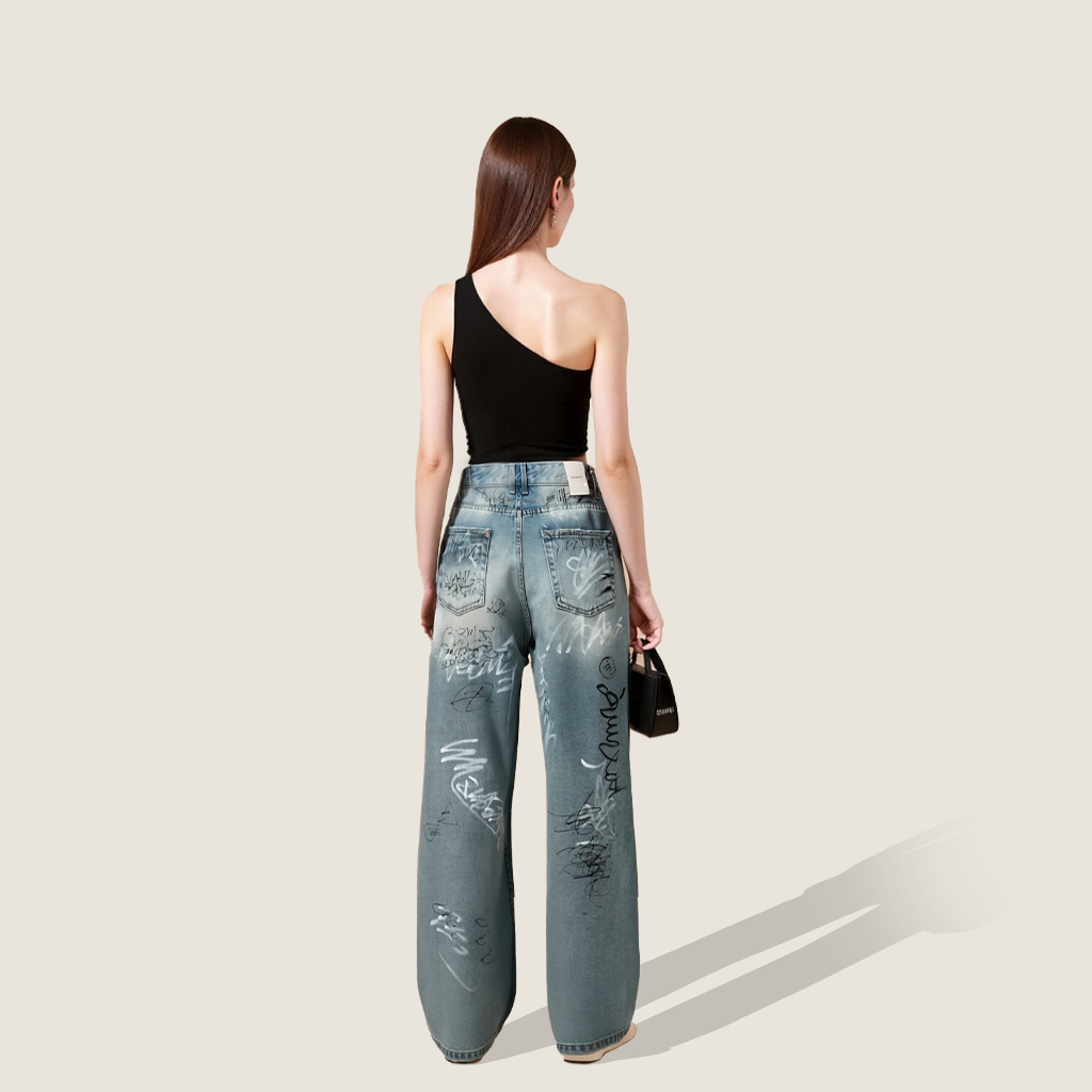 Women's Graffiti Print High-Waisted Wide-Leg Jeans A10154