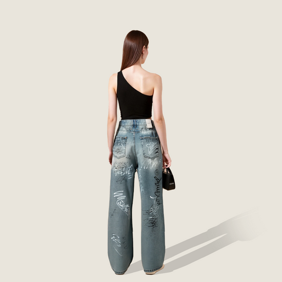 Women's Graffiti Print High-Waisted Wide-Leg Jeans A10154