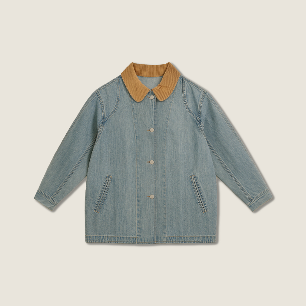 Women's Contrast Stitch Denim Top with Colorblock Collar Trendy Casual Style A10164