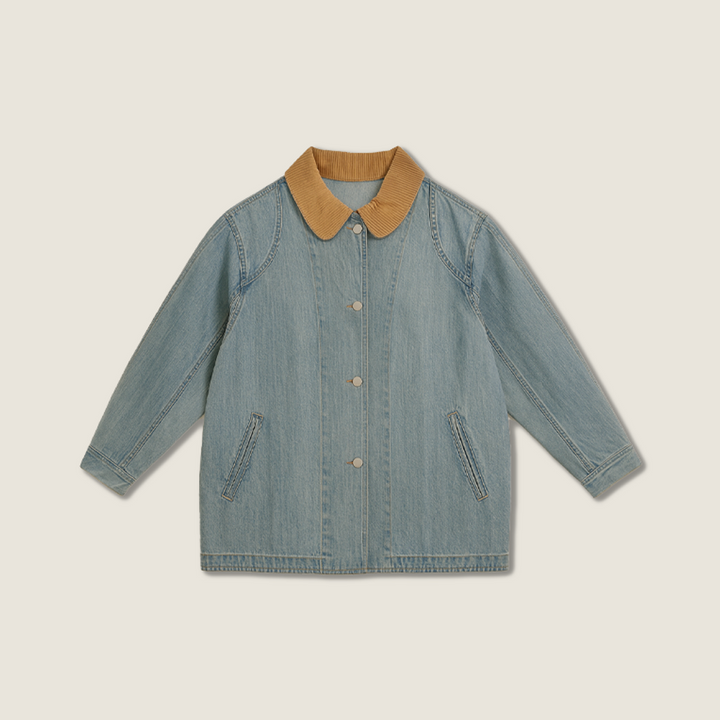 Women's Contrast Stitch Denim Top with Colorblock Collar Trendy Casual Style A10164